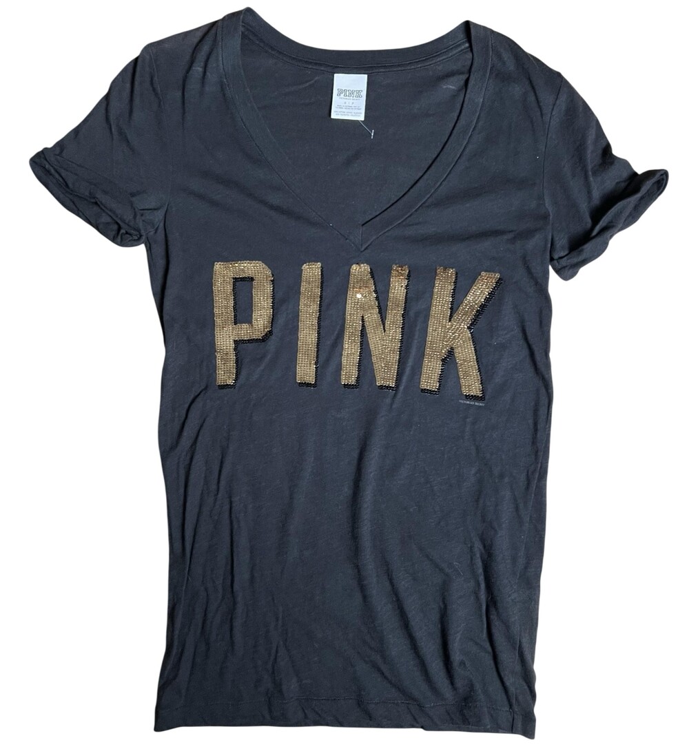 PINK Shirt Womens S Black V-Neck Sequin Logo Slim Jersey Casual Short Sleeve